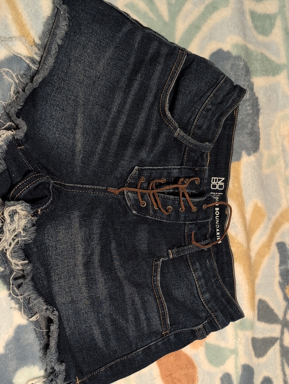 No Boundaries Dark Blue Denim Lace-Up Frayed Cutoff Shorts
